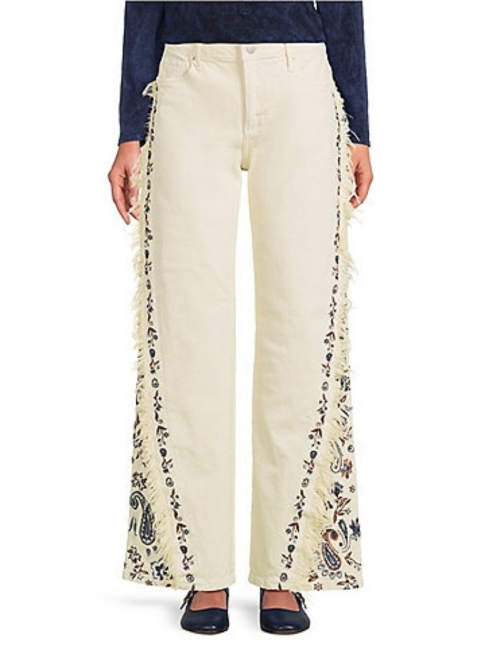 DRIFTWOOD Frankie by Free People Cream and navy embroidered Wide Leg Jeans - Picture 3 of 9